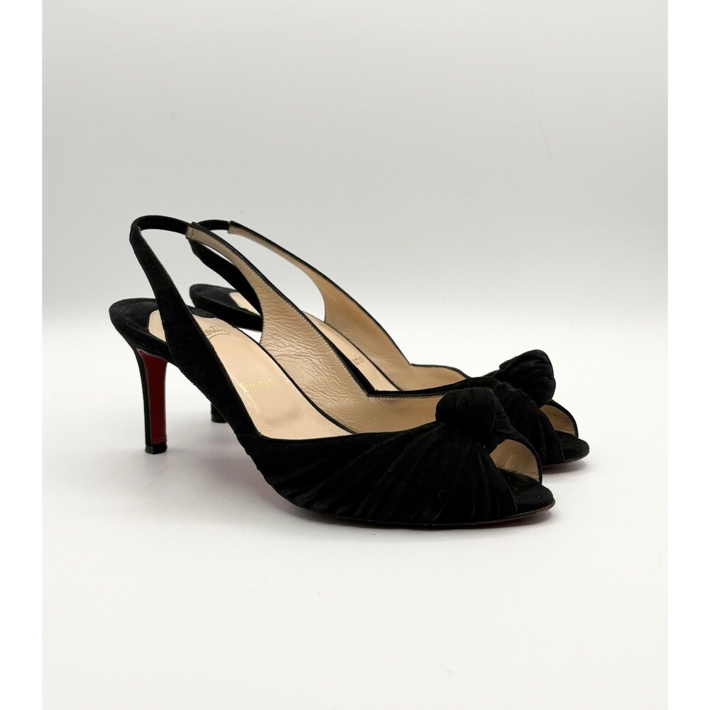 Christian Louboutin Black Suede Slingback Heels Peep Toe Knot Accent Sz EU 38.5 - Picture 3 of 12